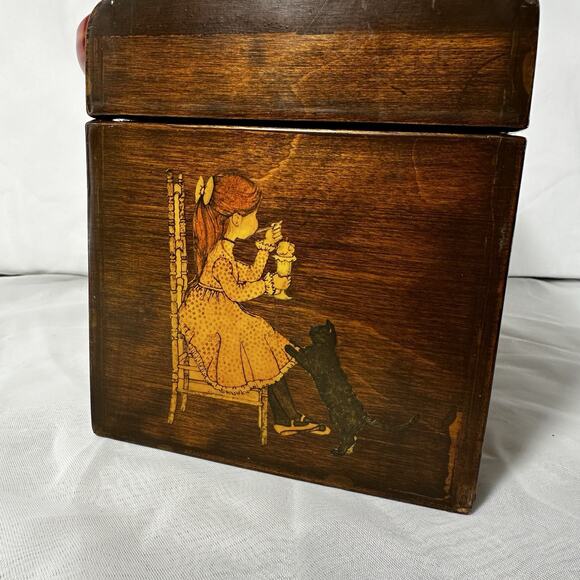 Vintage 60's Purse Wood Box Girl & Cat Handbag Brown Brass Closure Lucite Handle - Picture 3 of 16